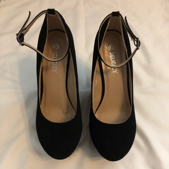 Delicacy Shoes Suede Black Ankle Strap Platform Wedge